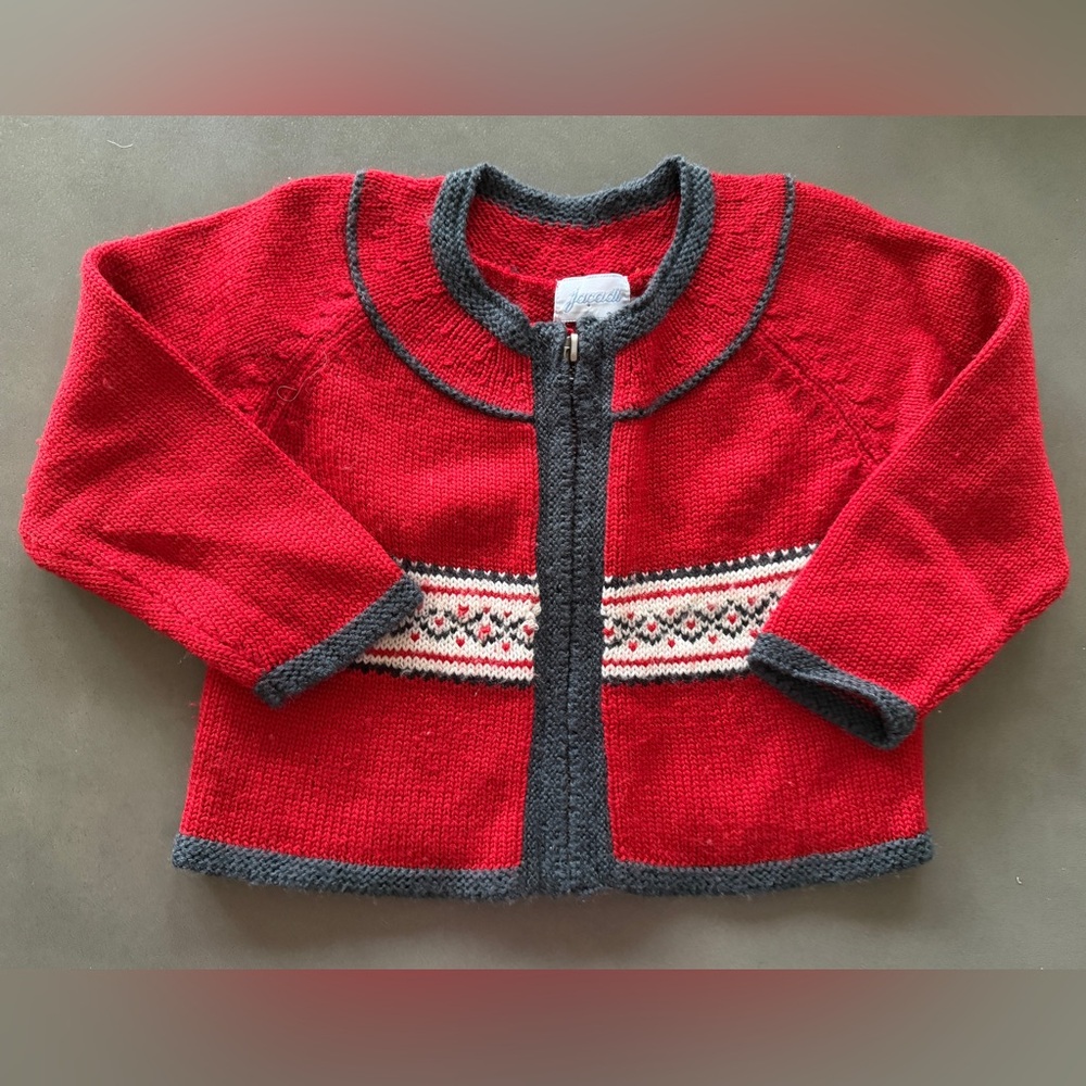 Jacadi Red and Gray Kids Wool Cardigan Zip-up Sweater 18M